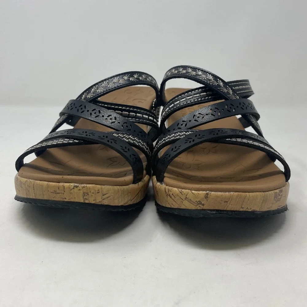Skechers Cali Womens 9 Black Luxe Foam Wedge Sandals 31714 Strappy Cork Heel